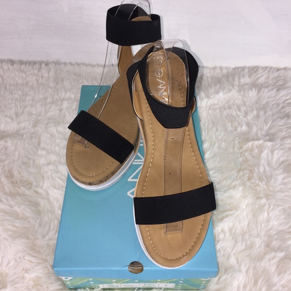 NIB Black Wedge Platform Sandals Stacked Cork Look Elastic Anna - Picture 6 of 14